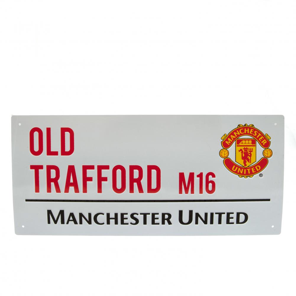 Manchester United sign with Old Trafford address and logo