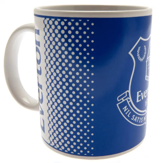 A ceramic Everton FC mug with a fade design featuring the club crest and a dotted pattern on the back.