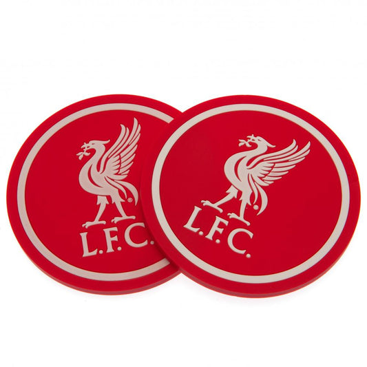 Two red coasters with a white logo and 'LFC' text on a white background