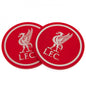 Two red coasters with a white logo and 'LFC' text on a white background