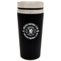 Black travel mug with Chelsea Football Club logo on a white background