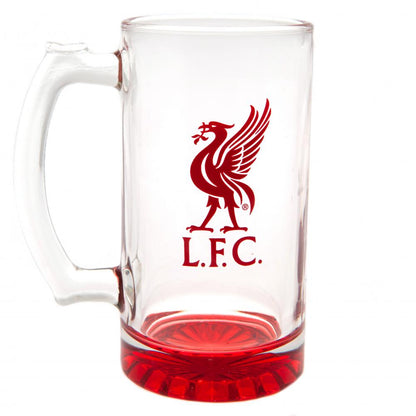 Clear Liverpool FC glass mug with red LFC logo and red bottom
