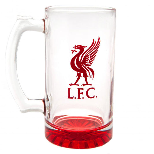 Clear Liverpool FC glass mug with red LFC logo and red bottom