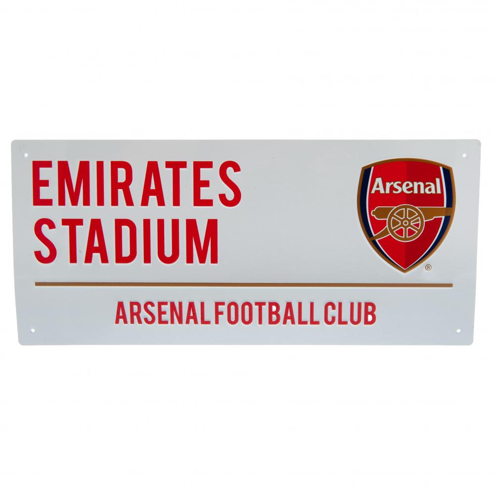 Arsenal Football Club sign with Emirates Stadium text and logo on a white background