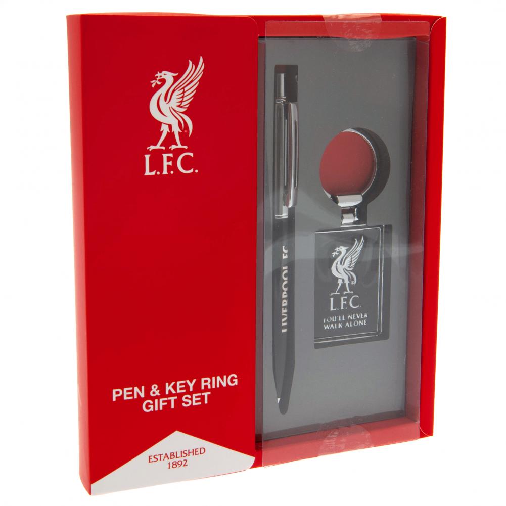 Pen and key ring gift set with Liverpool F.C. branding in a red box.