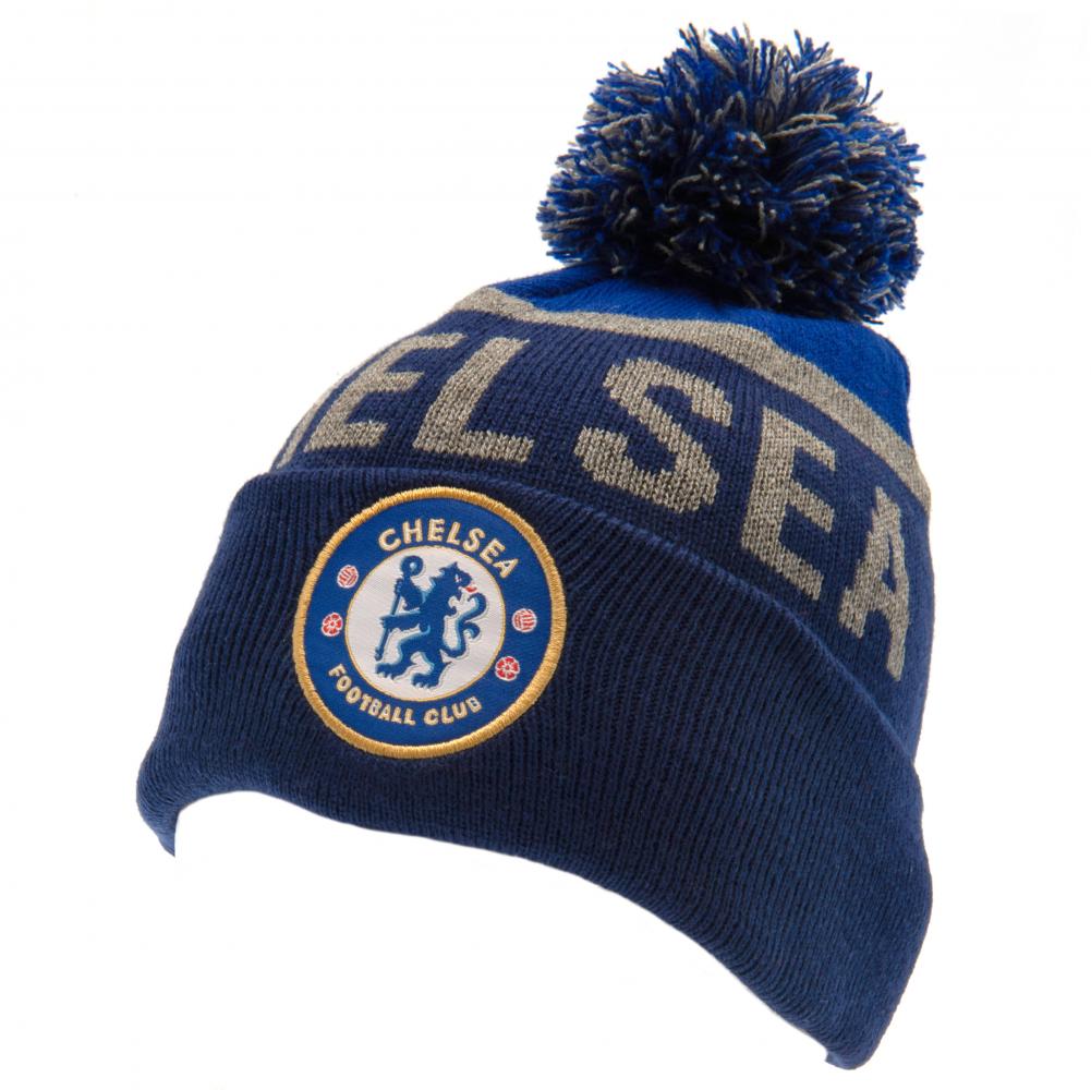Blue beanie with pom-pom featuring Chelsea Football Club logo on a white background