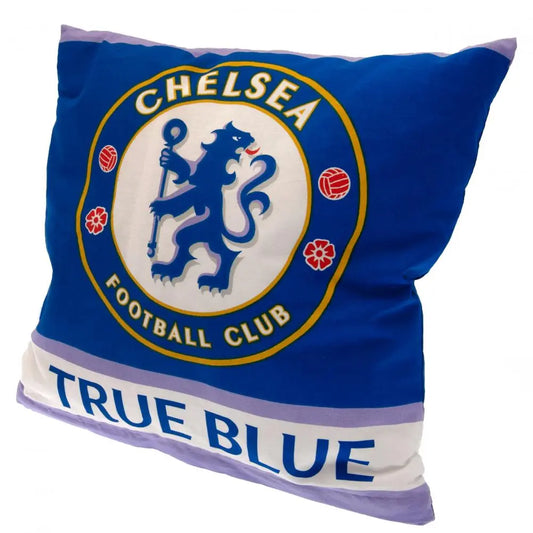 A square-shaped cushion featuring the Chelsea FC football club logo and the phrase 'TRUE BLUE' on a blue and white background.