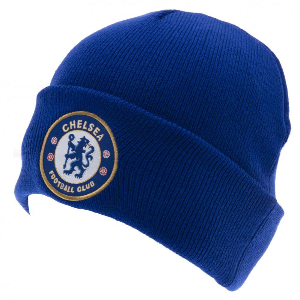 Blue beanie with Chelsea Football Club logo on a white background