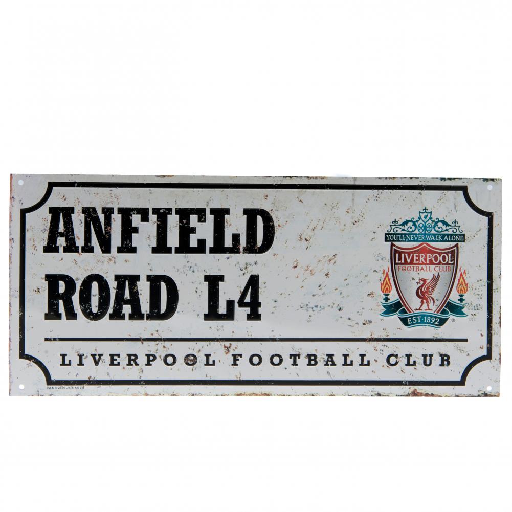 Vintage-style sign for Anfield Road L4 with Liverpool Football Club logo