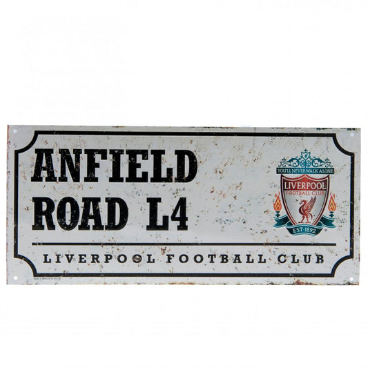 Vintage-style sign for Anfield Road L4 with Liverpool Football Club logo