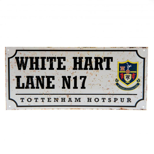 Vintage-style sign with 'White Hart Lane N17 Tottenham Hotspur' text and crest on a white background