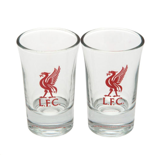 Two clear shot glasses with red LFC logo on a white background