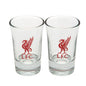 Two clear shot glasses with red LFC logo on a white background
