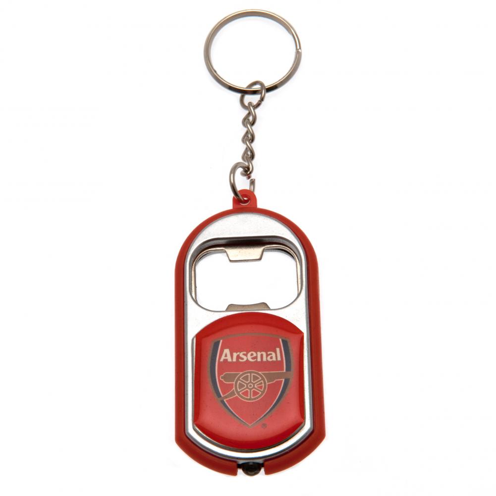 Red Arsenal keychain with bottle opener and light on a white background