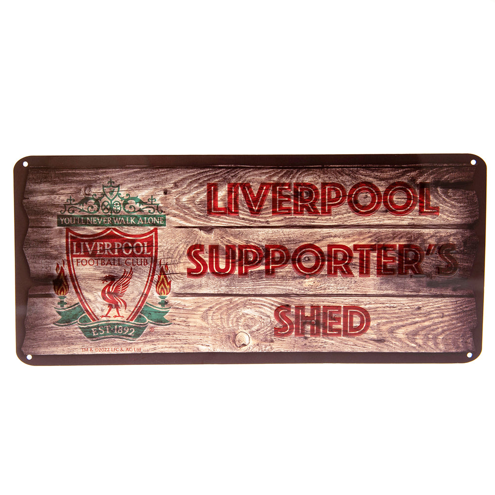 Wooden sign with Liverpool FC logo and text 'Liverpool Supporter's Shed' on a white background