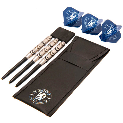 Chelsea FC dart set with black case and darts featuring a logo on a white background