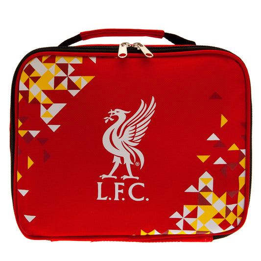 Red lunch bag with geometric patterns and Liverpool FC logo on a white background