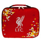 Red lunch bag with geometric patterns and Liverpool FC logo on a white background