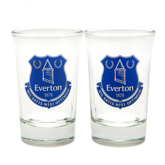 Two clear glasses with Everton logo on a white background