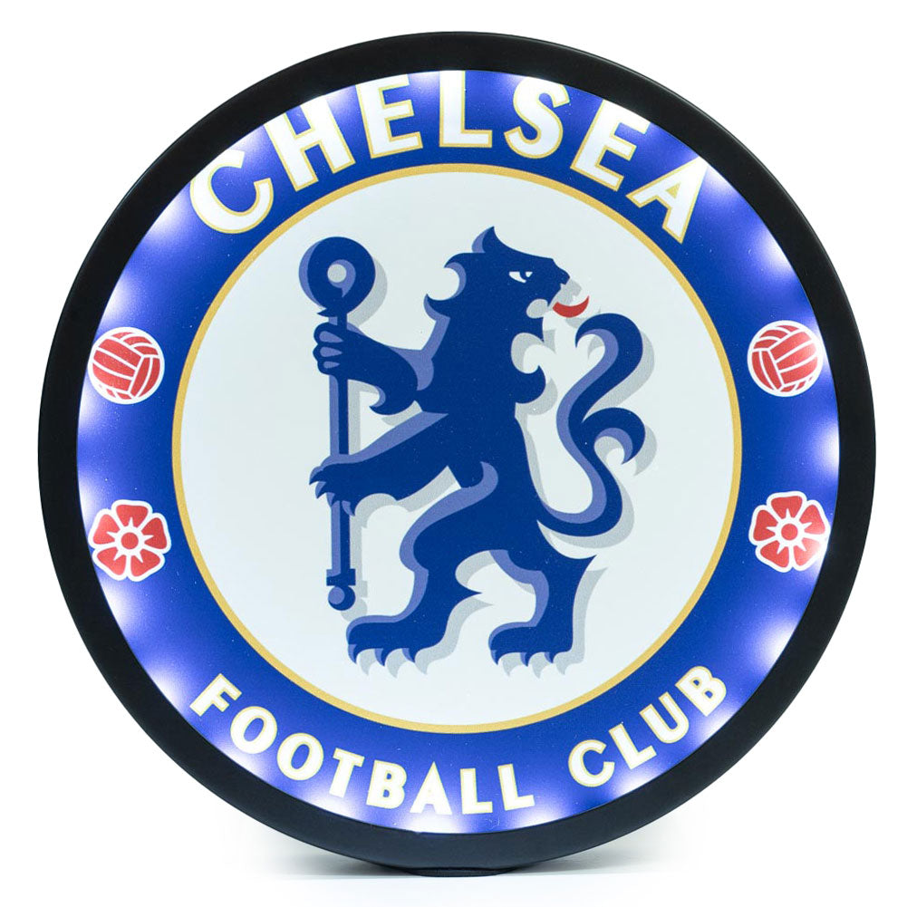 Chelsea Football Club logo on a round sign with blue, white, and red colors.