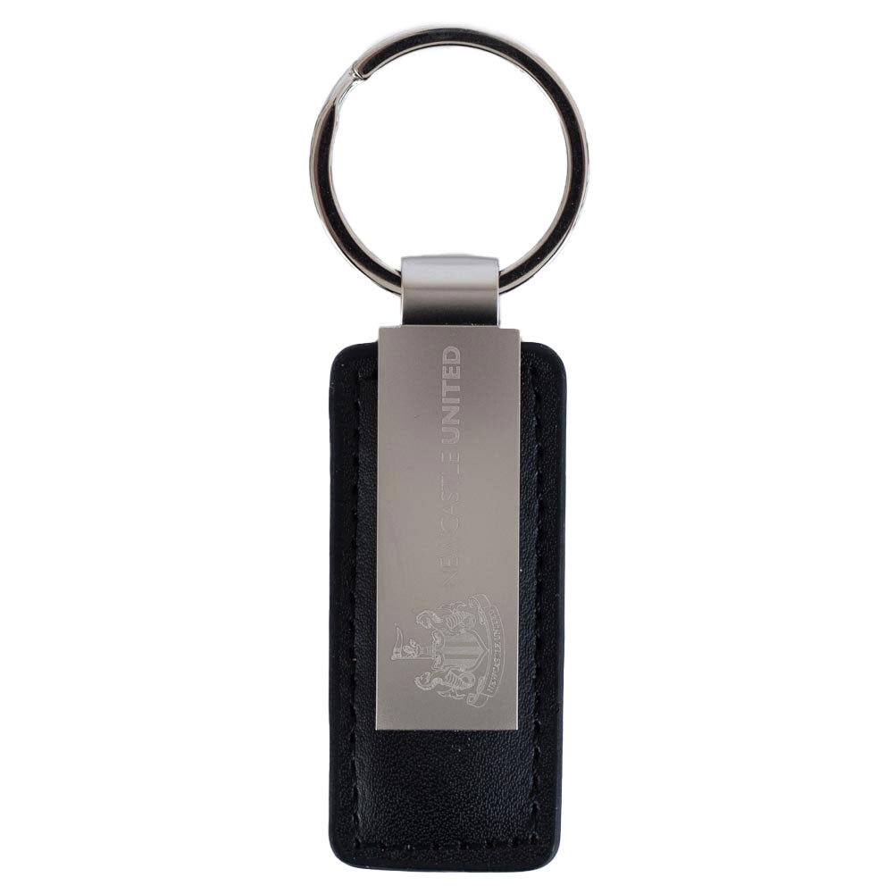 Black leather keychain with metal tag on a white background