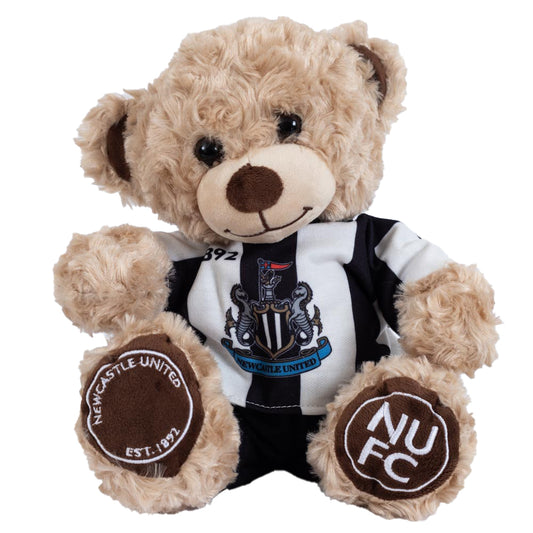 Teddy bear wearing a Newcastle United football club shirt on a white background