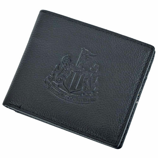 Black leather Newcastle United wallet with a crest embossed on it against a white background