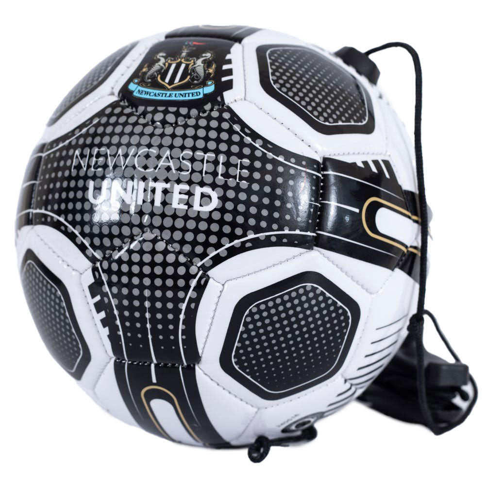 Soccer ball with Newcastle United branding and a drawstring backpack attached.