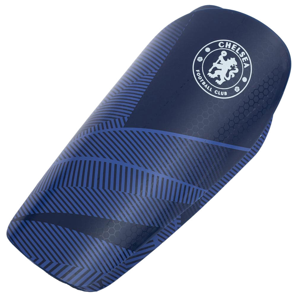 Blue shin guard with Chelsea Football Club logo on a white background