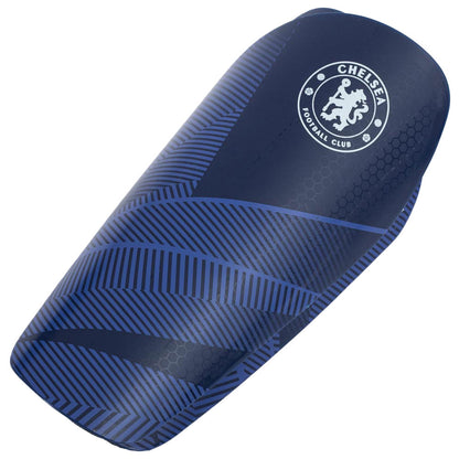 Blue shin guard with Chelsea Football Club logo on a white background