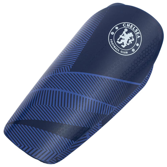 Blue shin guard with Chelsea Football Club logo on a white background