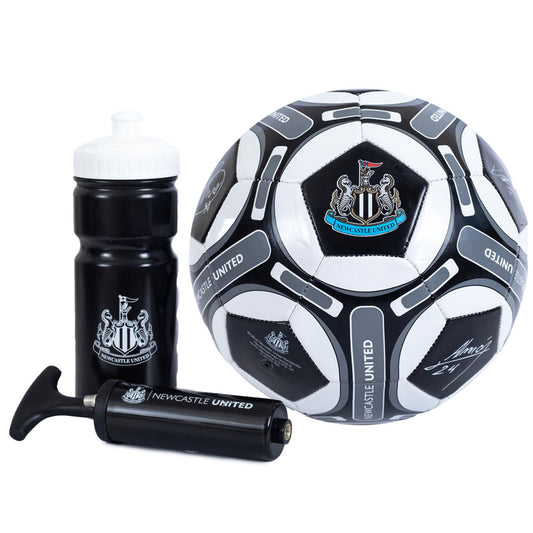 Newcastle United branded soccer ball, water bottle, and pump on a white background