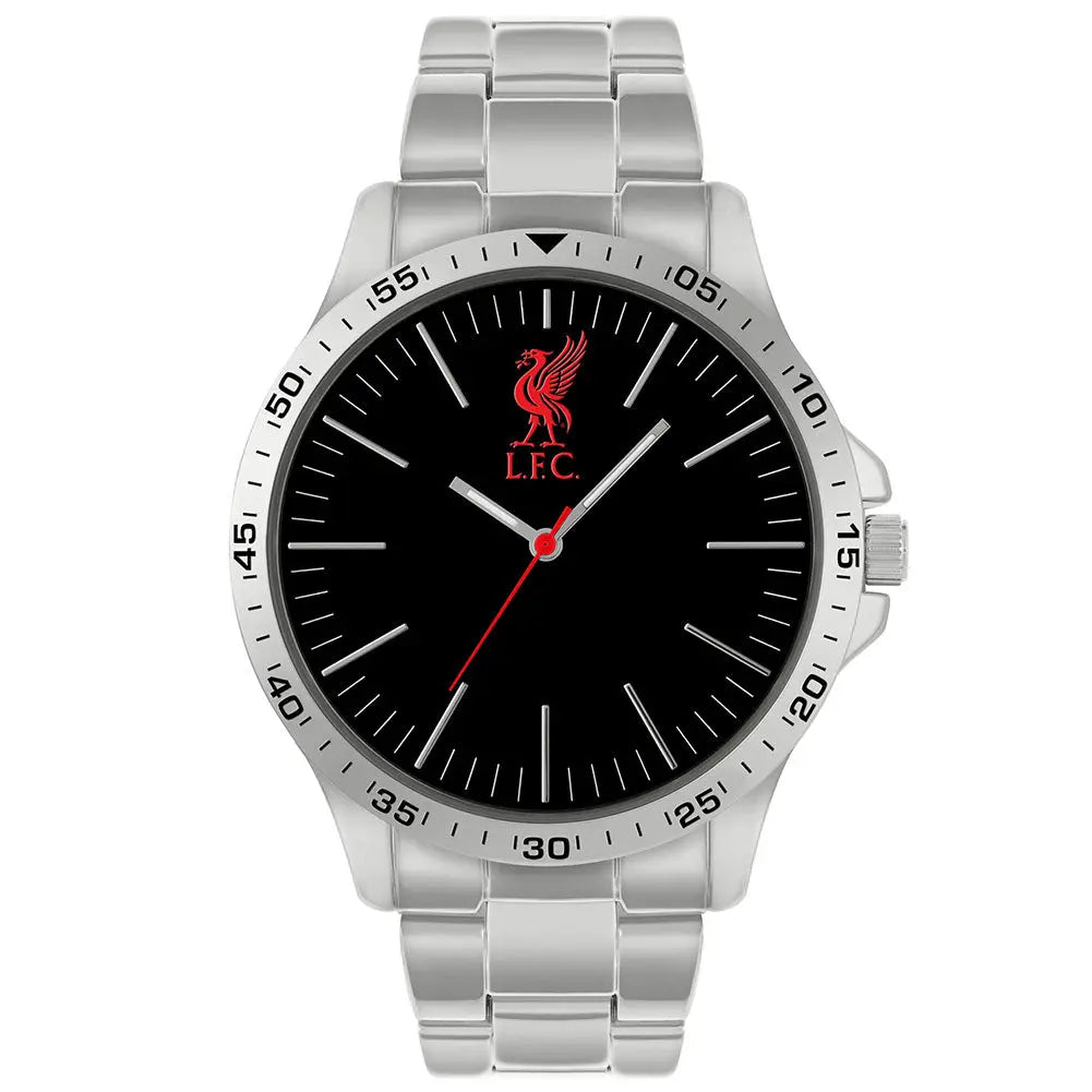 Liverpool FC silver watch with black face and red logo on a white background