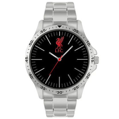 Liverpool FC silver watch with black face and red logo on a white background