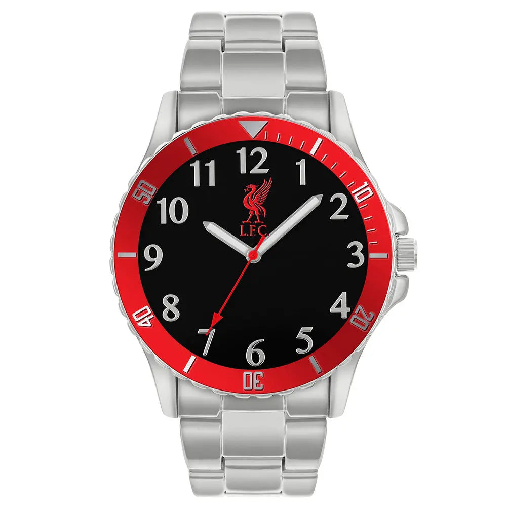 Liverpool FC watch with red and black face and silver band on white background