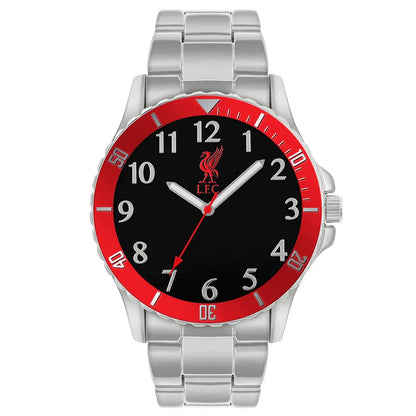Liverpool FC watch with red and black face and silver band on white background