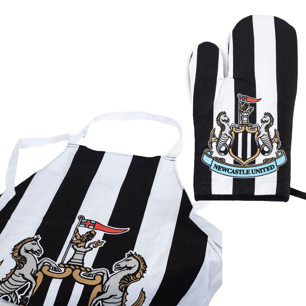 Newcastle United apron and oven mitt set with team logo on a white background