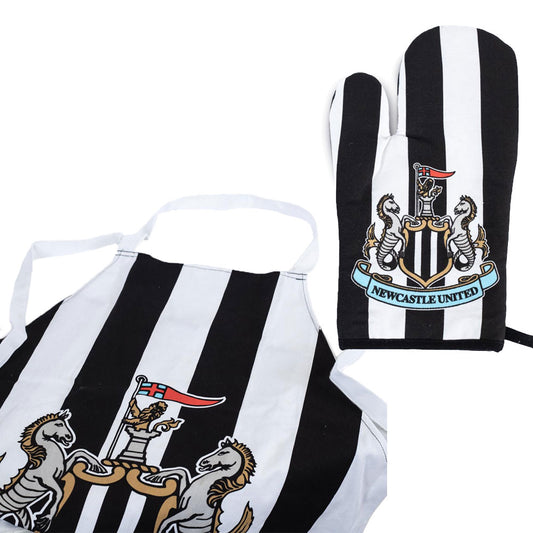Newcastle United apron and oven mitt set with team logo on a white background