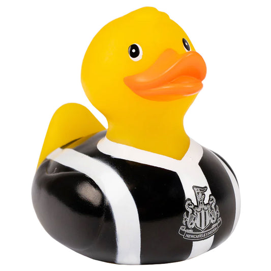 Rubber duck with Newcastle United football club colors and logo on a white background