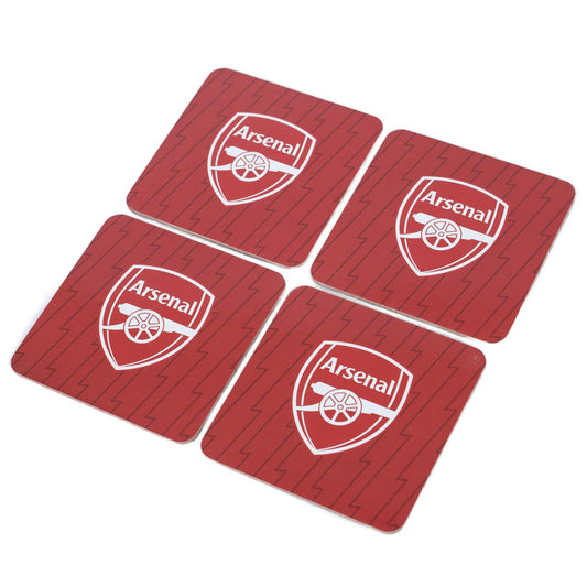 Four red Arsenal coasters with white logo on a white background