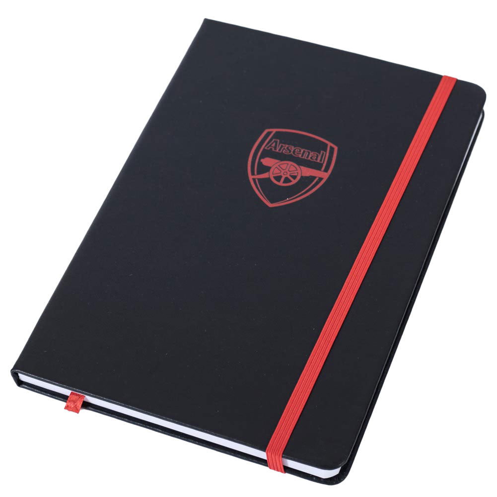 Black notebook with red strap and Arsenal logo on a white background