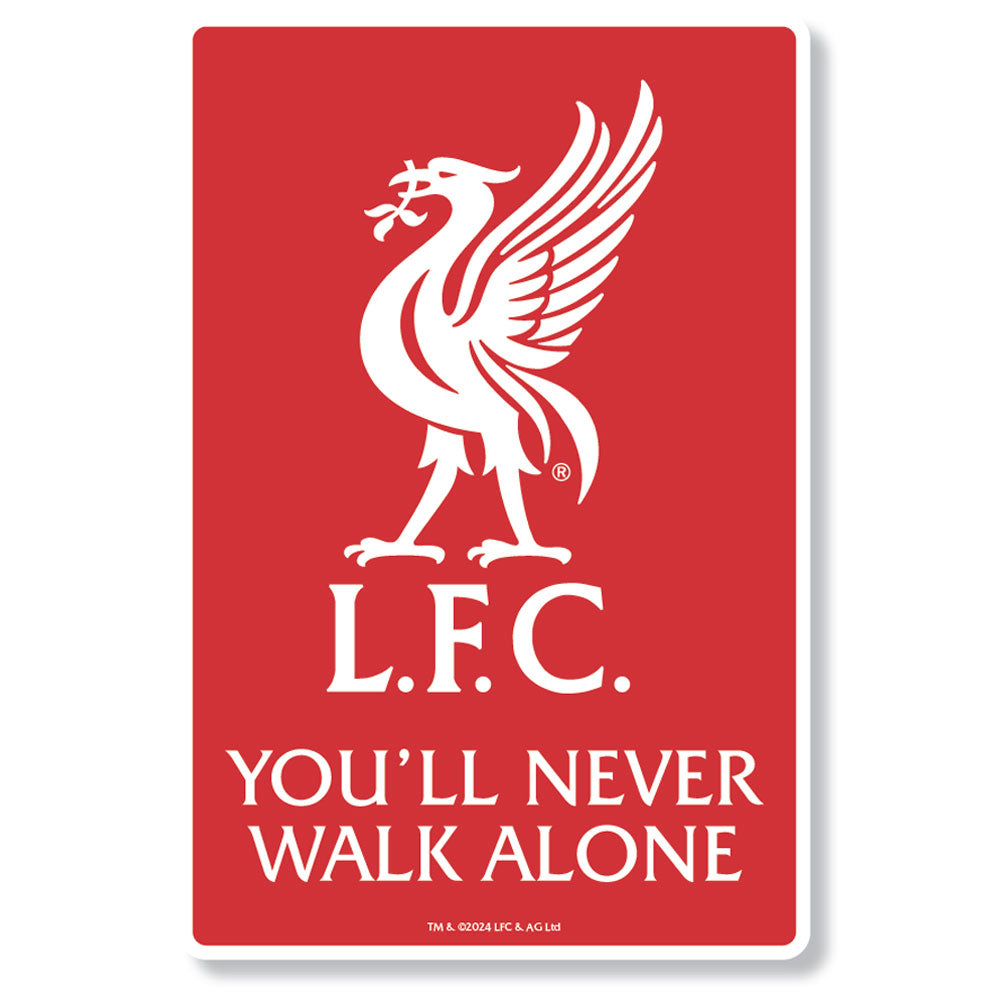 A red rectangular sign featuring the white Liverpool Football Club bird emblem and YNWA slogan