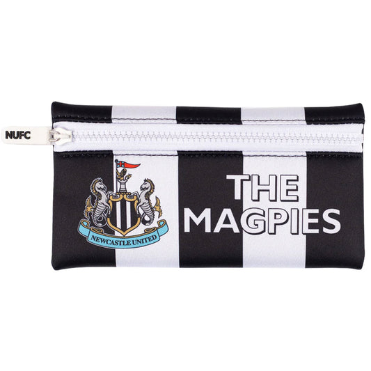 Black and white striped pencil case with Newcastle United logo and 'The Magpies' text on a white background