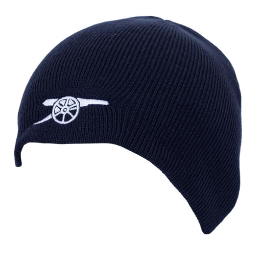 Navy blue Arsenal FC beanie with a white logo on a white background