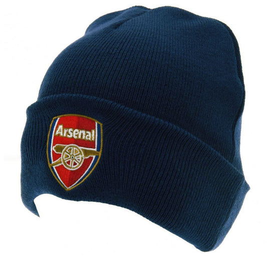Navy blue beanie with Arsenal logo on a white background