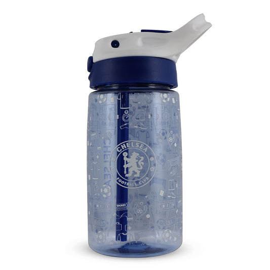 Clear water bottle with blue cap and Chelsea FC logo on a white background