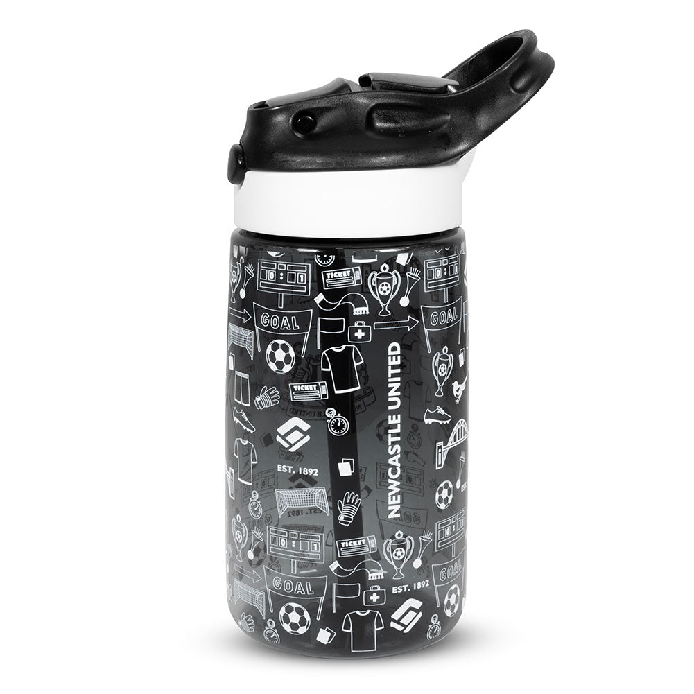 A black and white Newcastle United water bottle with a black flip-top lid, featuring a white graphic pattern of soccer jerseys, tickets, and club logos on a clean white background.