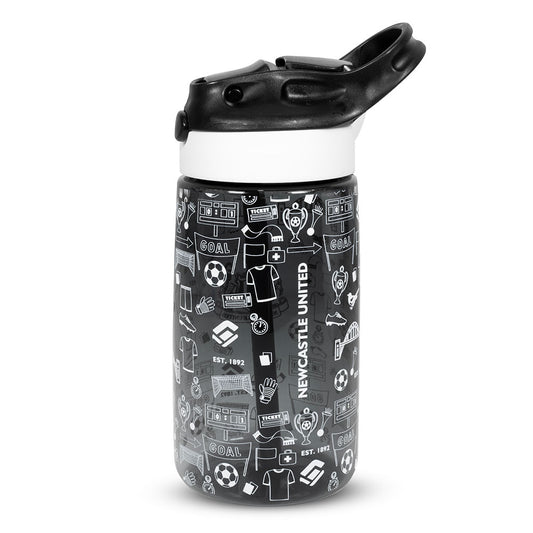 A black and white Newcastle United water bottle with a black flip-top lid, featuring a white graphic pattern of soccer jerseys, tickets, and club logos on a clean white background.