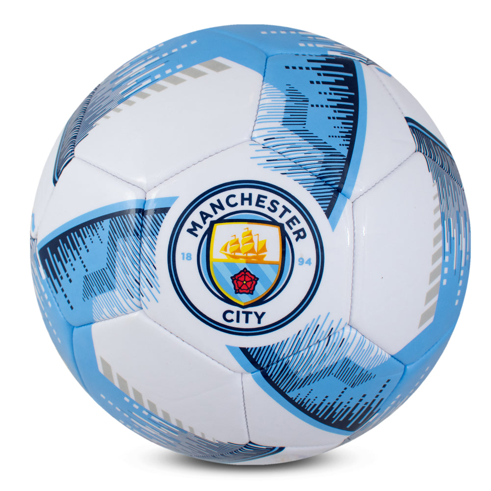 Manchester City football with blue and white design on a white background
