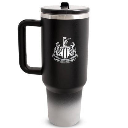 Black travel mug with Newcastle United logo on a white background